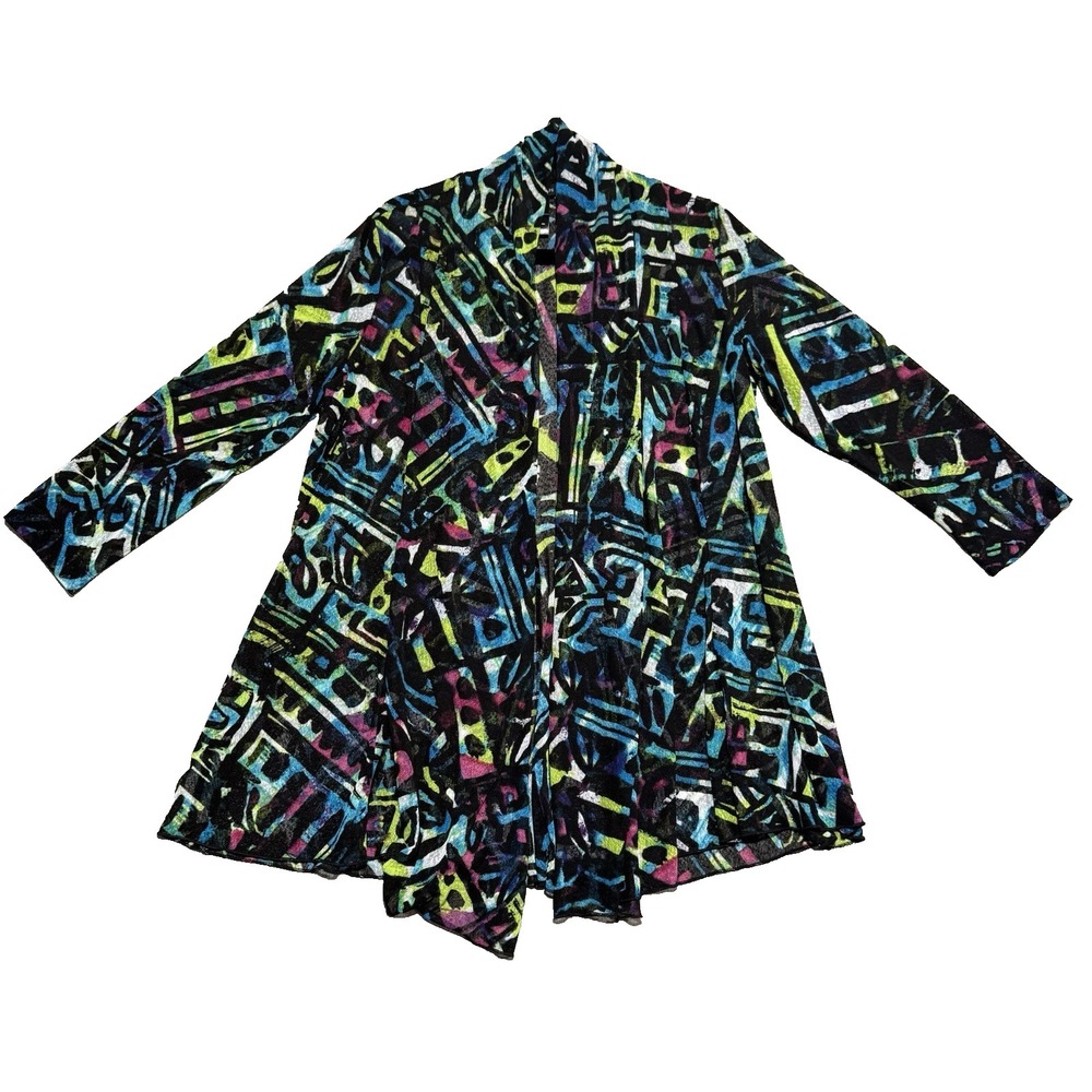 Ali Miles Cardigan Women Medium Open Front Mesh Drape Lightweight Artsy Colorful